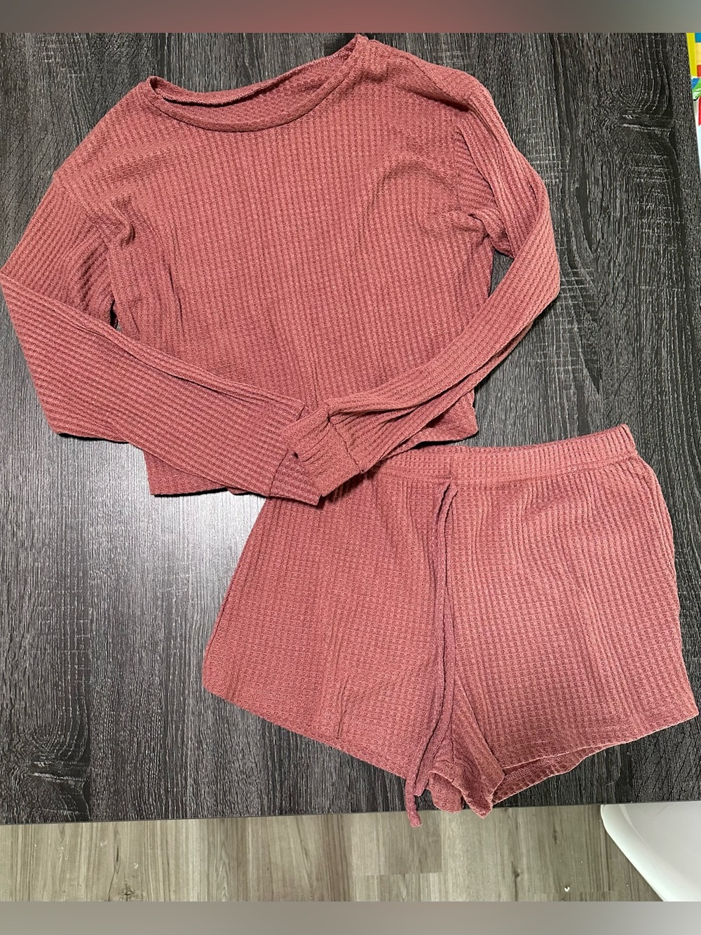 Ribbed Long Sleeve Top & Shorts Set - Dusty Rose
